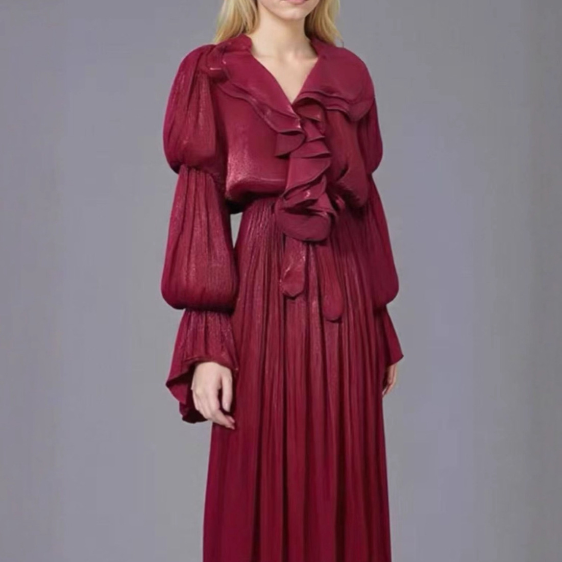 Ruffle V-neck flared sleeve elegant pleated dress - Image 9