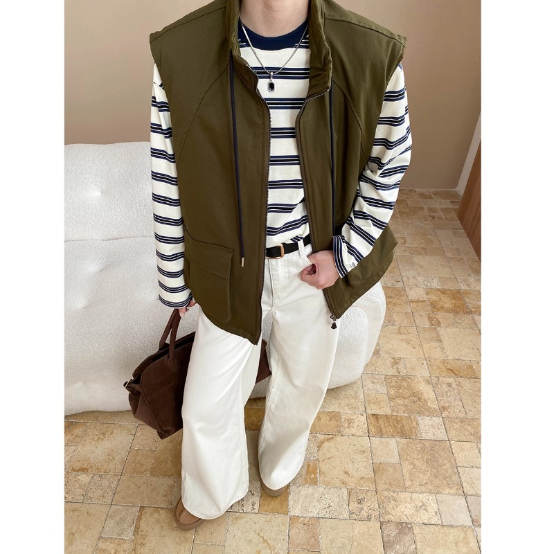 Urban Unisex Style Fashion Casual Drawstring Stand Collar Cargo Pocket Vest Outerwear Layering - Image 6
