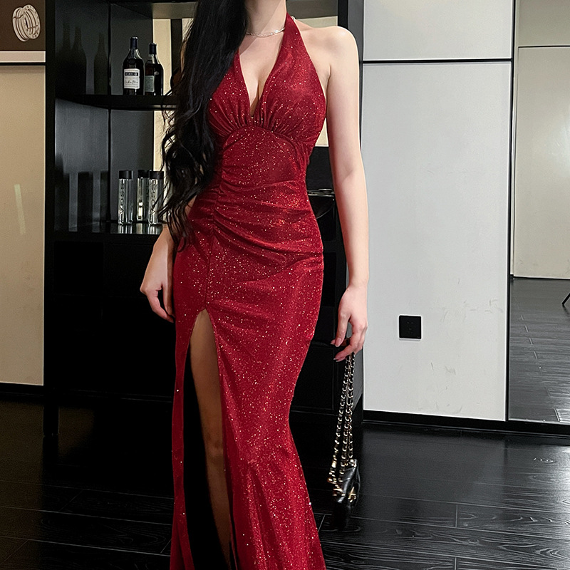 V-neck hanging neck slim flash dress for evening dress - Image 3