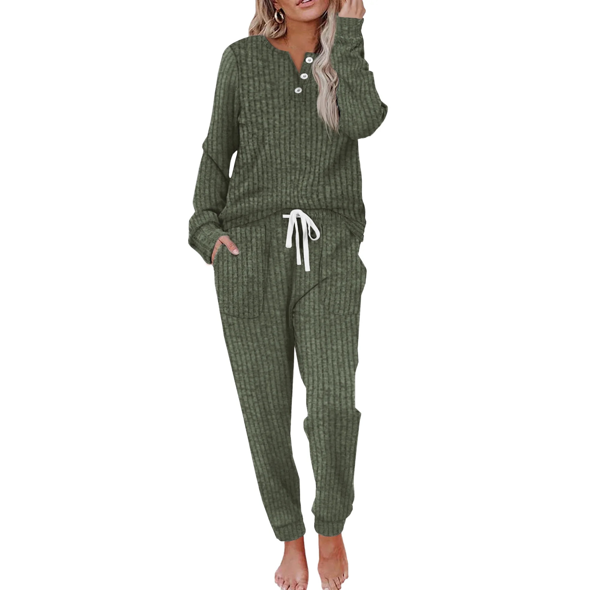 Ladies' casual pocket set with buckle sports shirt and pants sports suit - Image 10