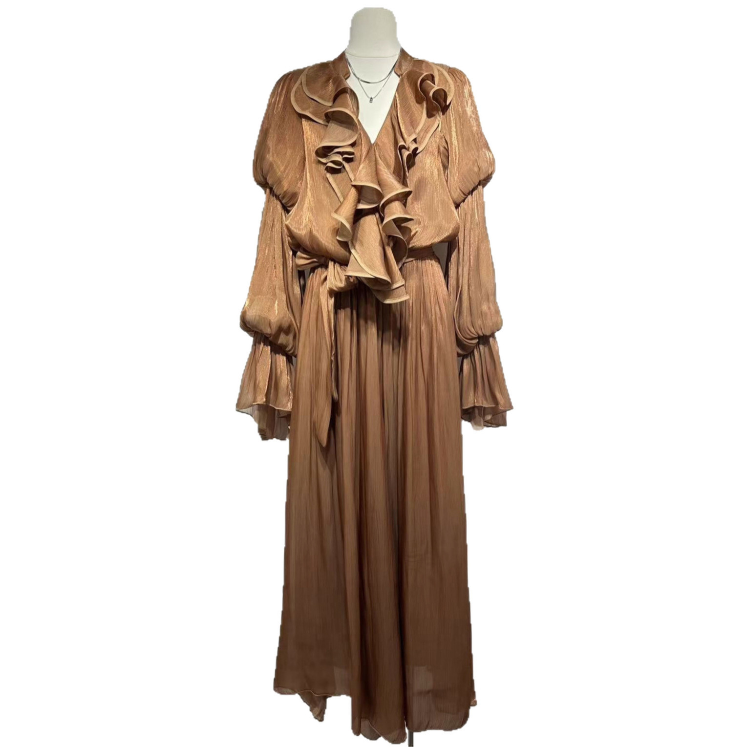 Ruffle V-neck flared sleeve elegant pleated dress