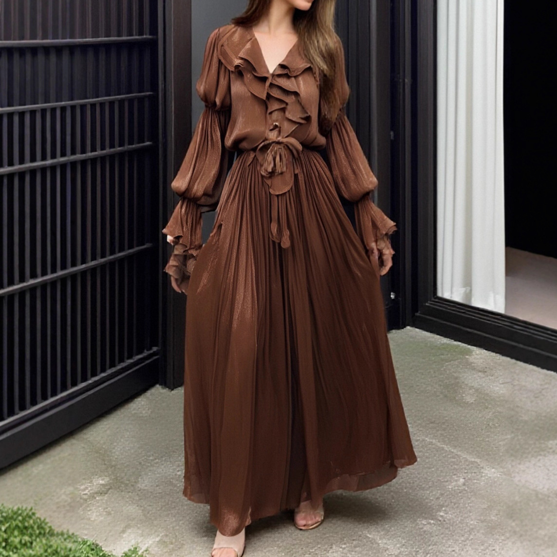 Ruffle V-neck flared sleeve elegant pleated dress - Image 2