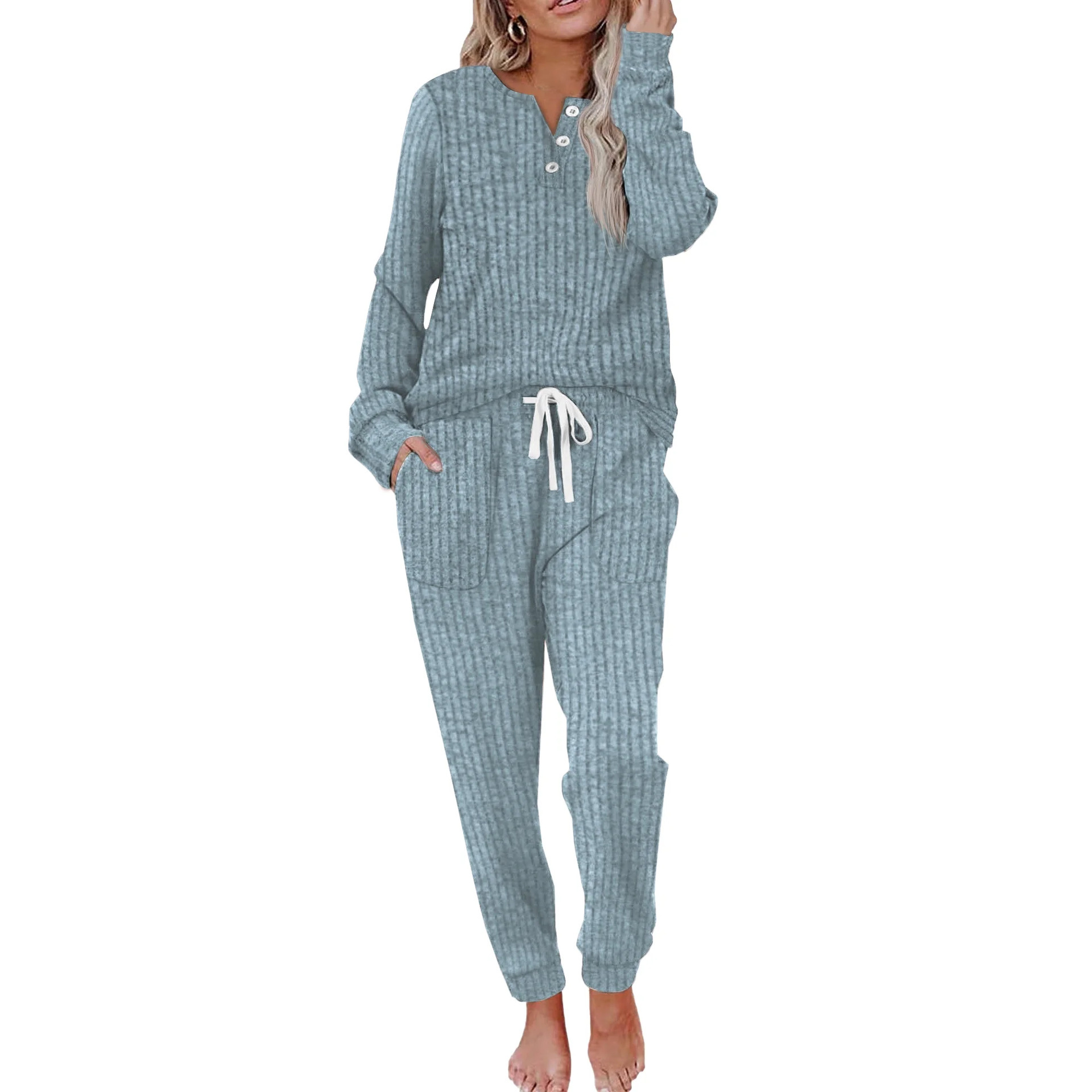 Ladies' casual pocket set with buckle sports shirt and pants sports suit - Image 3