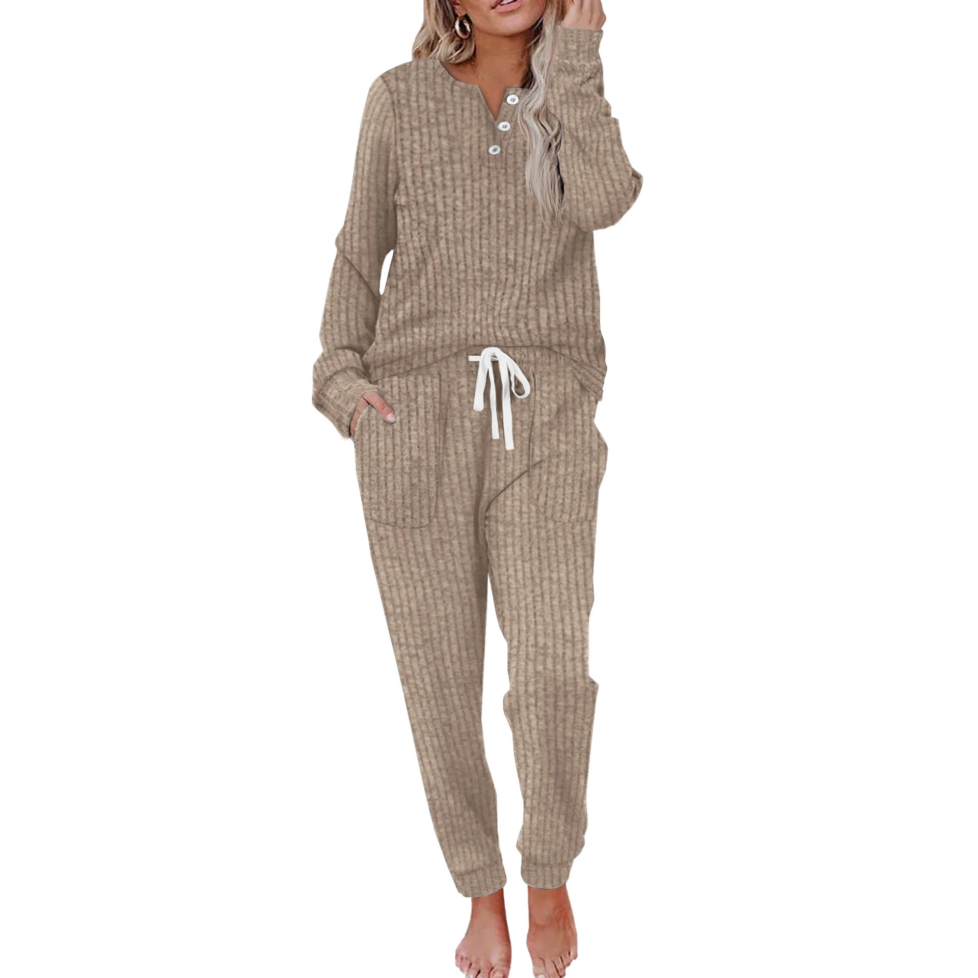 Ladies' casual pocket set with buckle sports shirt and pants sports suit - Image 2
