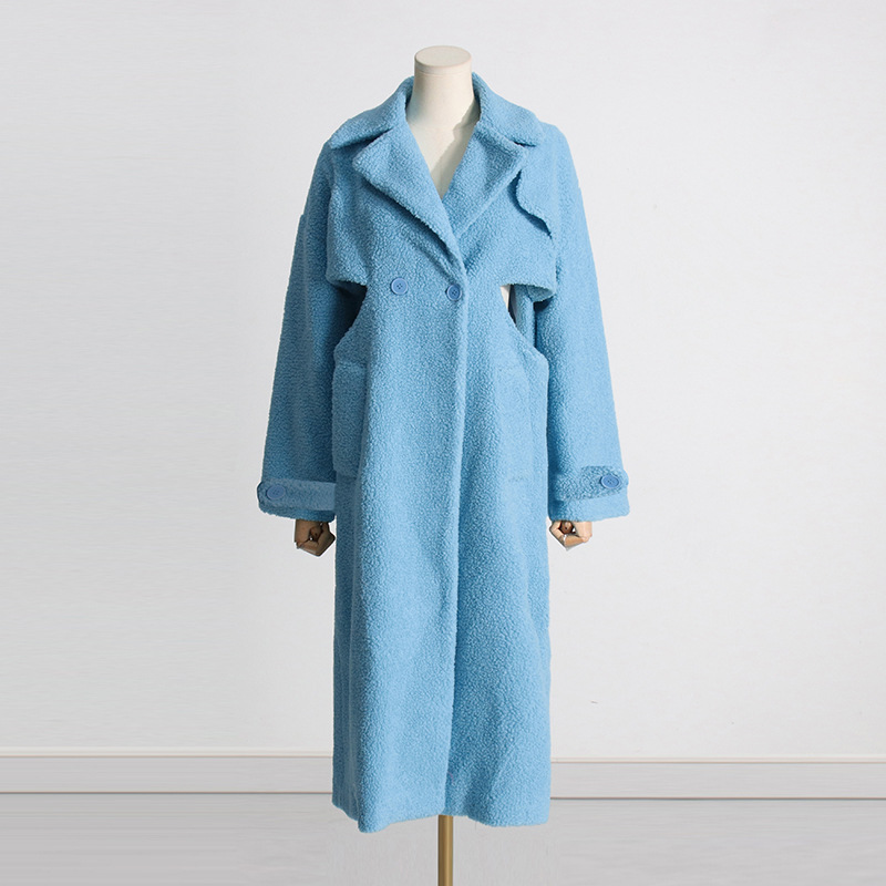 Hollow out twisted waist long windbreaker plush coat for women - Image 5