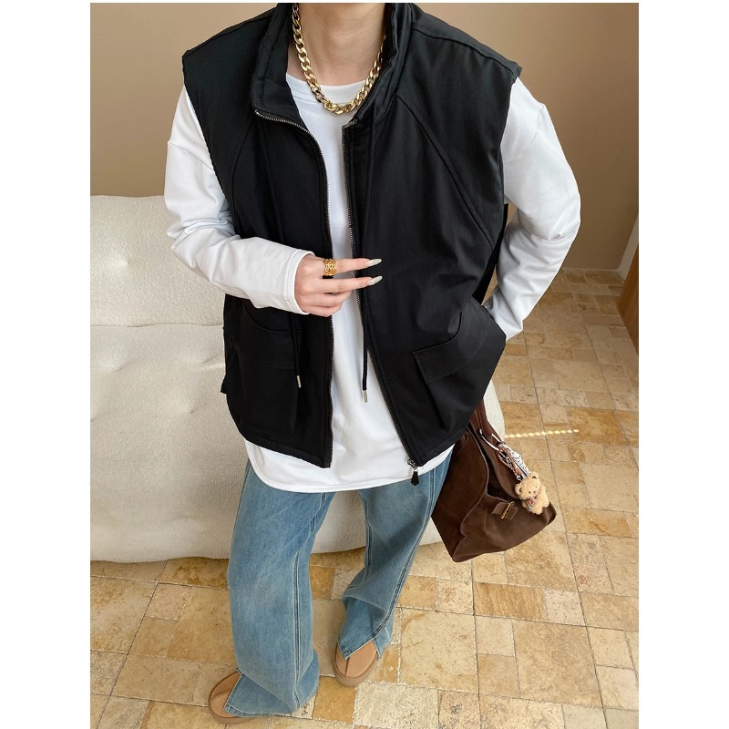 Urban Unisex Style Fashion Casual Drawstring Stand Collar Cargo Pocket Vest Outerwear Layering - Image 7