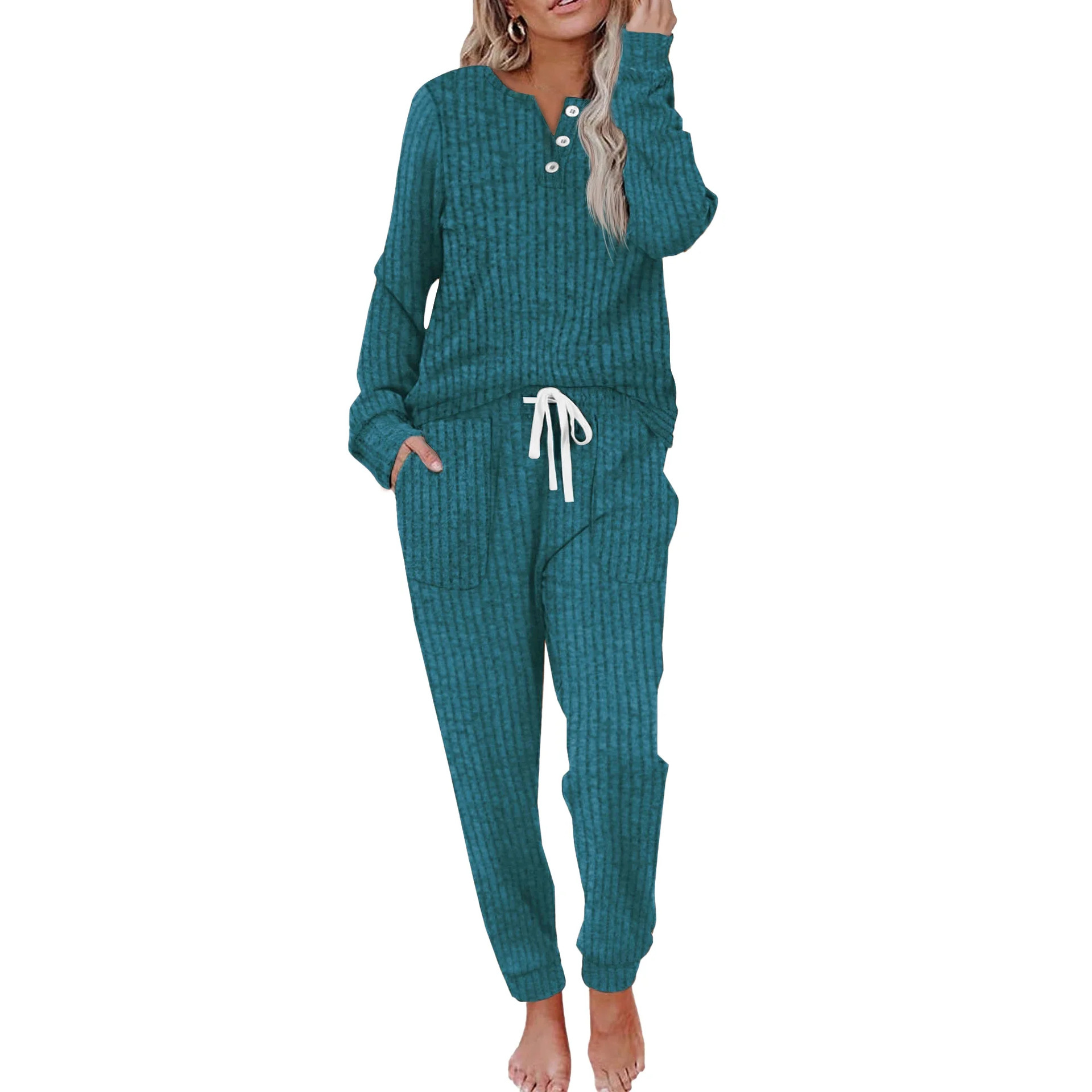 Ladies' casual pocket set with buckle sports shirt and pants sports suit - Image 16