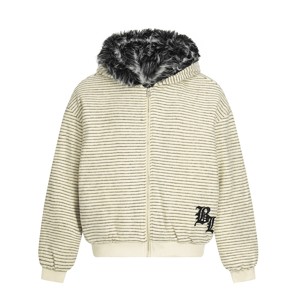 Retro Men's Cotton Coat with Hood, Stripe Print, Casual Stylish Loose Outerwear Jacket