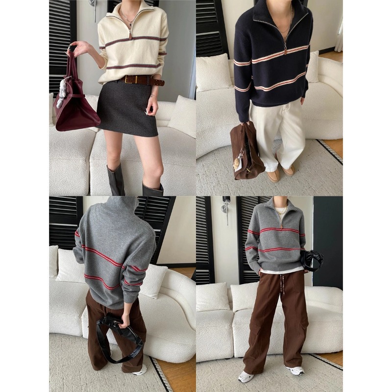 Smart Casual Color-Blocking Stripe Half-Zip Polo Neck Knit Sweater - Image 3