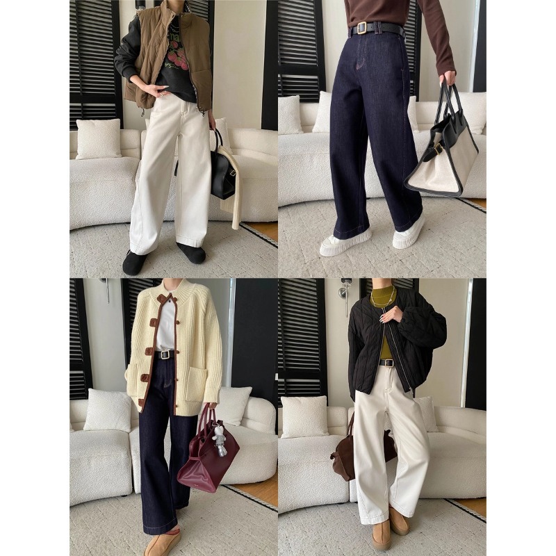 Trendy Panel Design High-Waisted Loose Wide-Leg Plus Velvet Denim Pants - Image 2