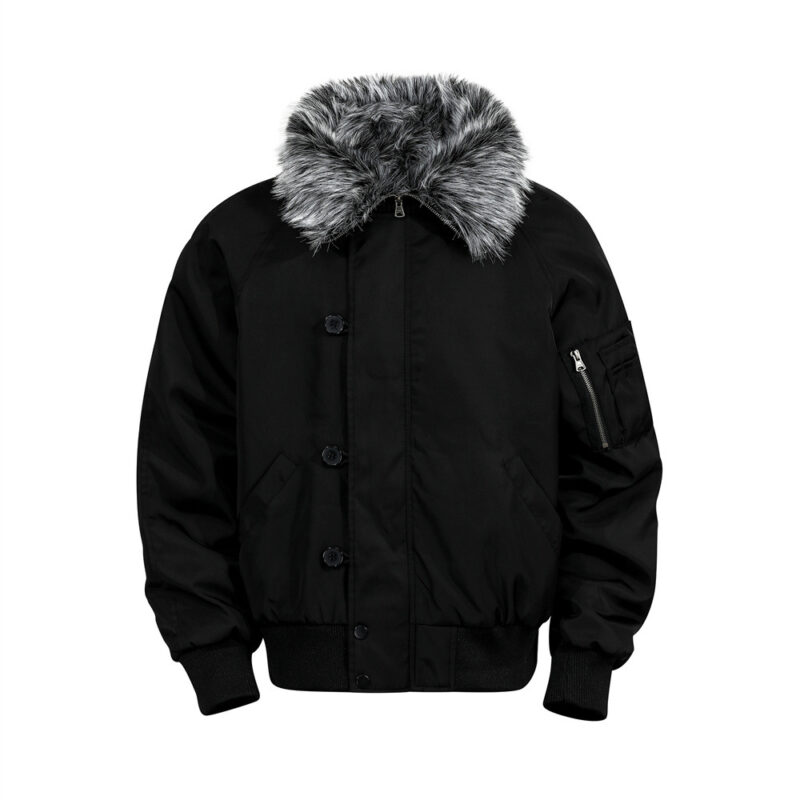 Street Style Men's Cotton Coat with Fur Collar, Multi-Pocket Design, Trendy Brand, Loose Fit, Versatile Outerwear Top