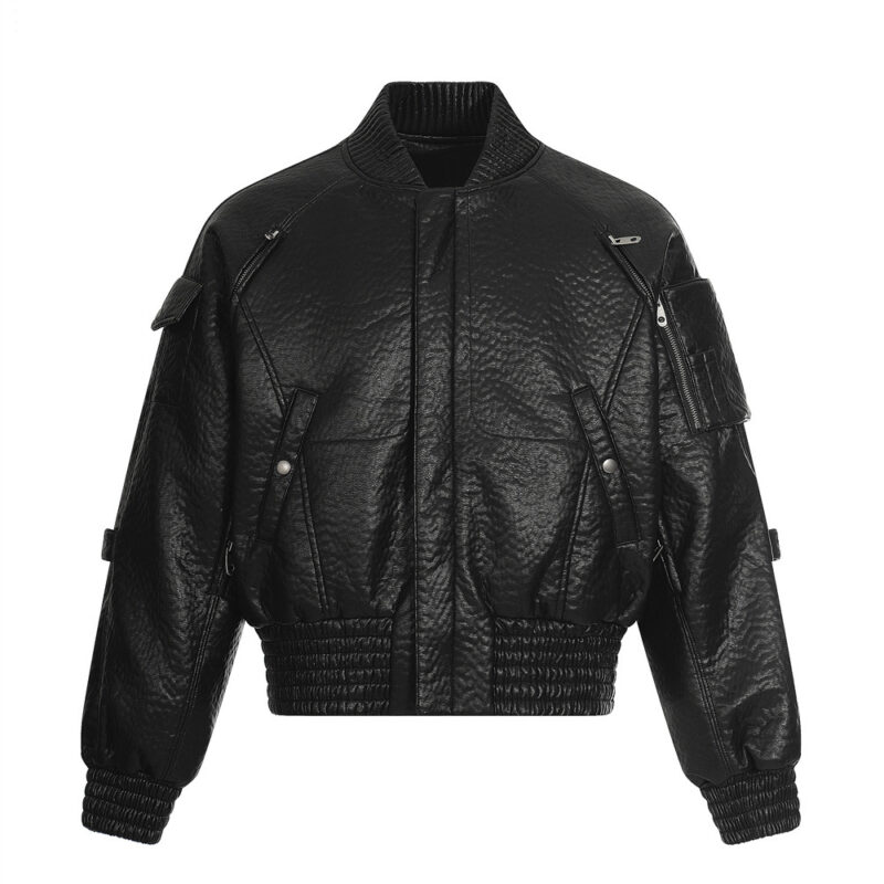 Urban Street Style Men's Cotton Coat, Stand Collar, Pleated PU Leather,  Loose Fit, Versatile Outerwear Top