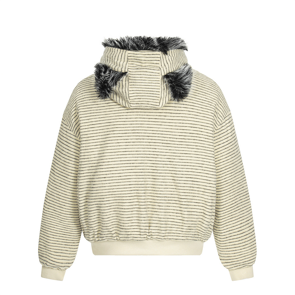 Retro Men's Cotton Coat with Hood, Stripe Print, Casual Stylish Loose Outerwear Jacket - Image 2