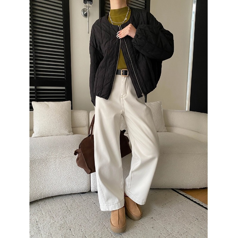 Trendy Panel Design High-Waisted Loose Wide-Leg Plus Velvet Denim Pants - Image 4