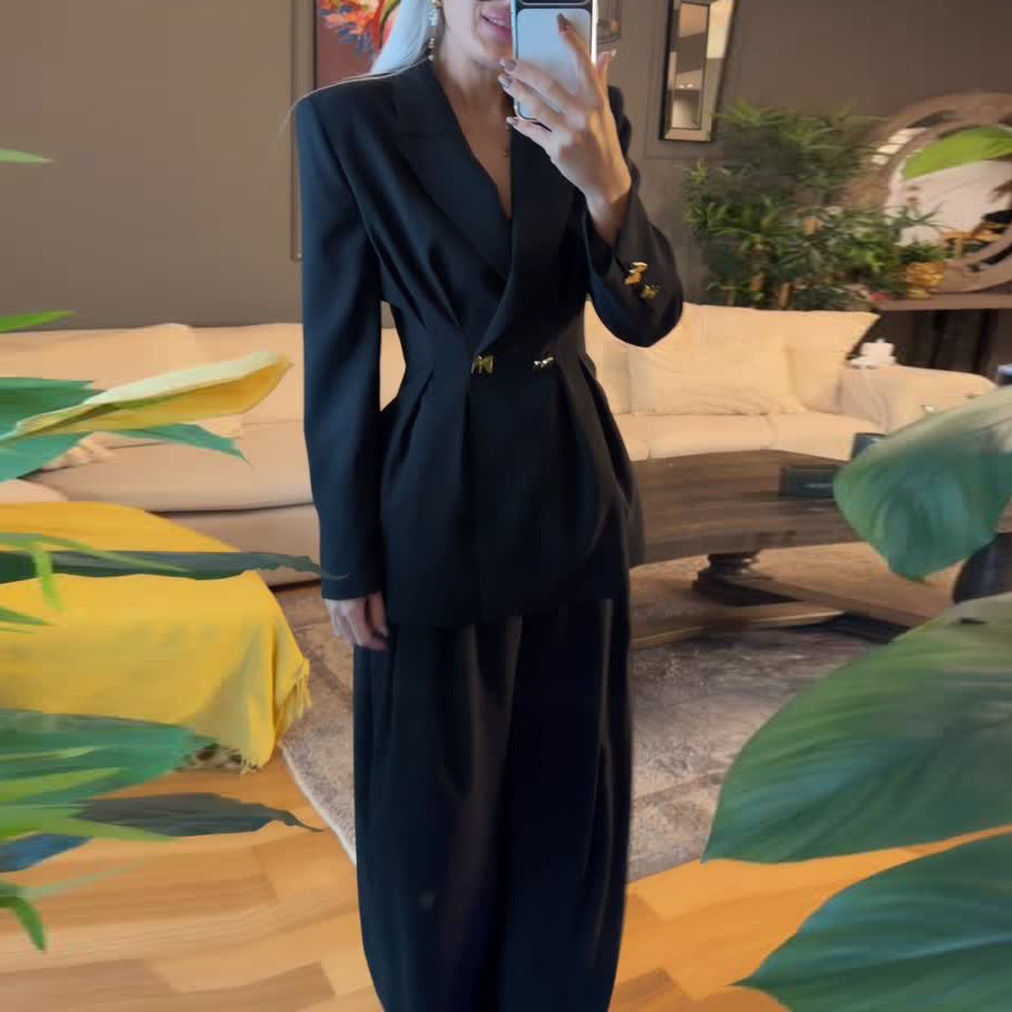Metal buckle waist cinching suit+solid color straight leg pants - Image 7