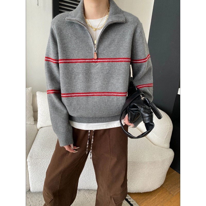 Smart Casual Color-Blocking Stripe Half-Zip Polo Neck Knit Sweater - Image 2