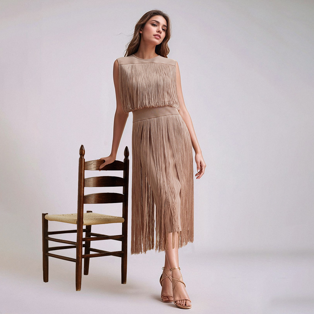 Sleeveless dress, women's tassel mid length skirt - Image 2
