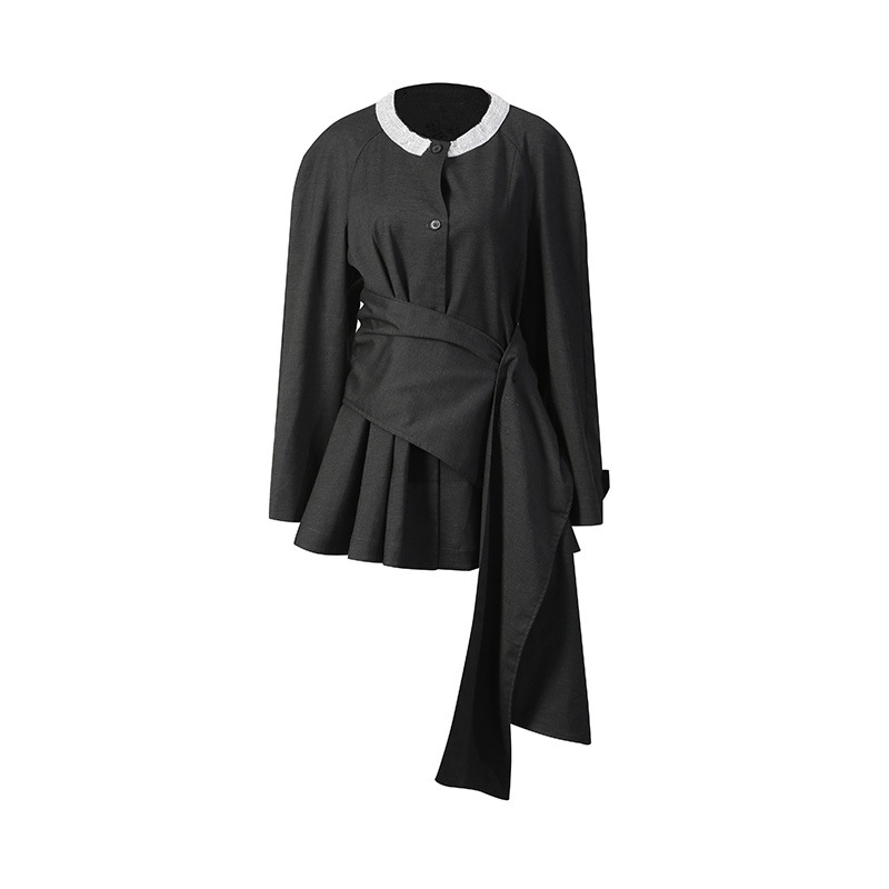 Irregular small suit with round neck contrasting color waist cinching and ribbon suit jacket - Image 5