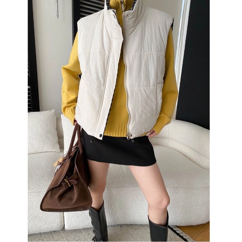 Compass Lightweight Reversible Plaid Casual Stand-Up Collar Drawstring Hem Cotton Vest Coat - Image 6