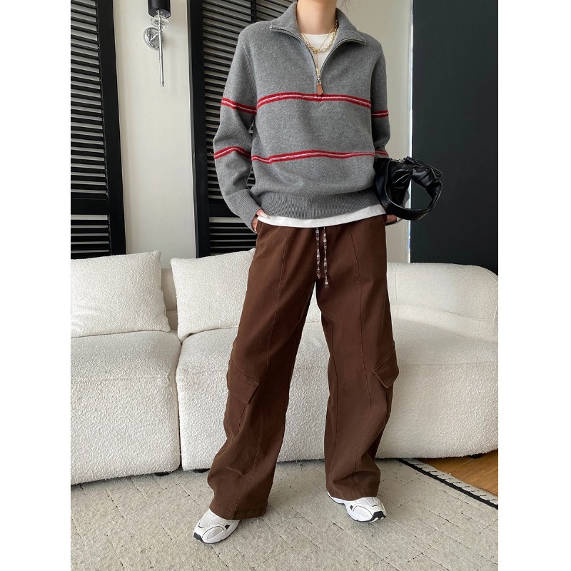 Smart Casual Color-Blocking Stripe Half-Zip Polo Neck Knit Sweater - Image 5