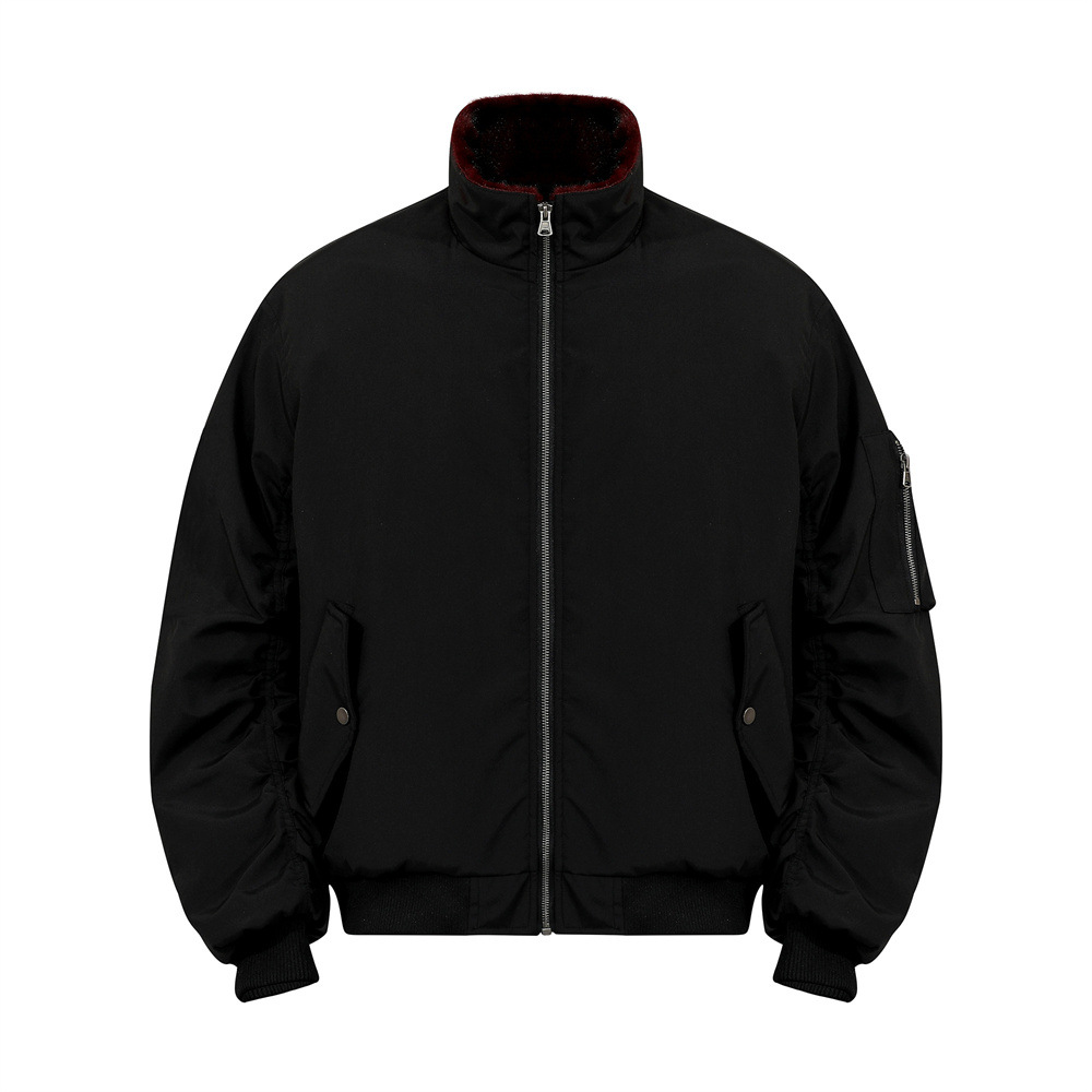 Urban Street Men's Cotton Jacket, Stand Collar, Patchwork Pleated Design, Trendy Brand, Loose Fit, Versatile Outerwear Top - Image 4