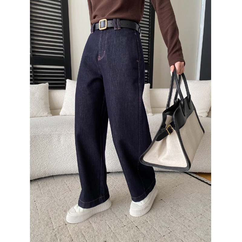 Trendy Panel Design High-Waisted Loose Wide-Leg Plus Velvet Denim Pants - Image 5