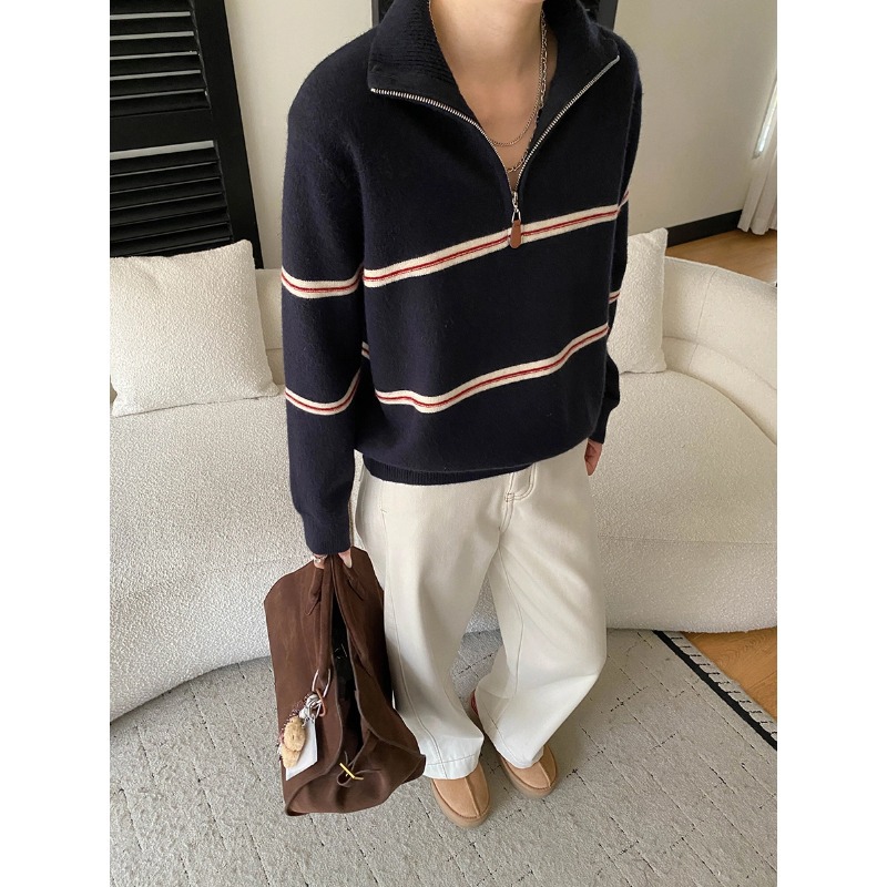 Smart Casual Color-Blocking Stripe Half-Zip Polo Neck Knit Sweater - Image 6