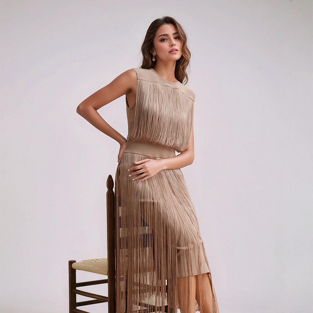 Sleeveless dress, women's tassel mid length skirt - Image 4