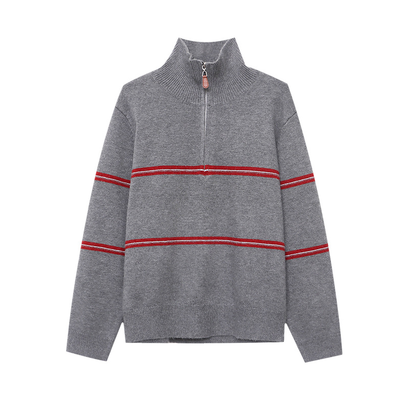 Smart Casual Color-Blocking Stripe Half-Zip Polo Neck Knit Sweater - Image 4
