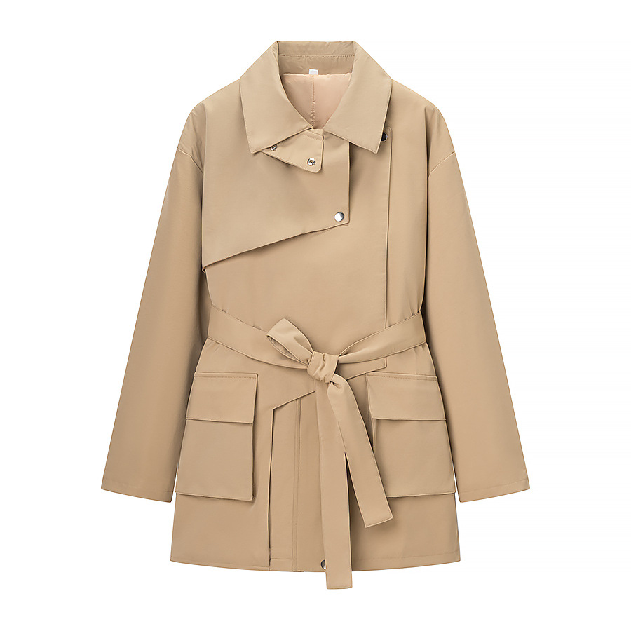 Khaki medium long lapel waist tied windbreaker jacket - Image 5